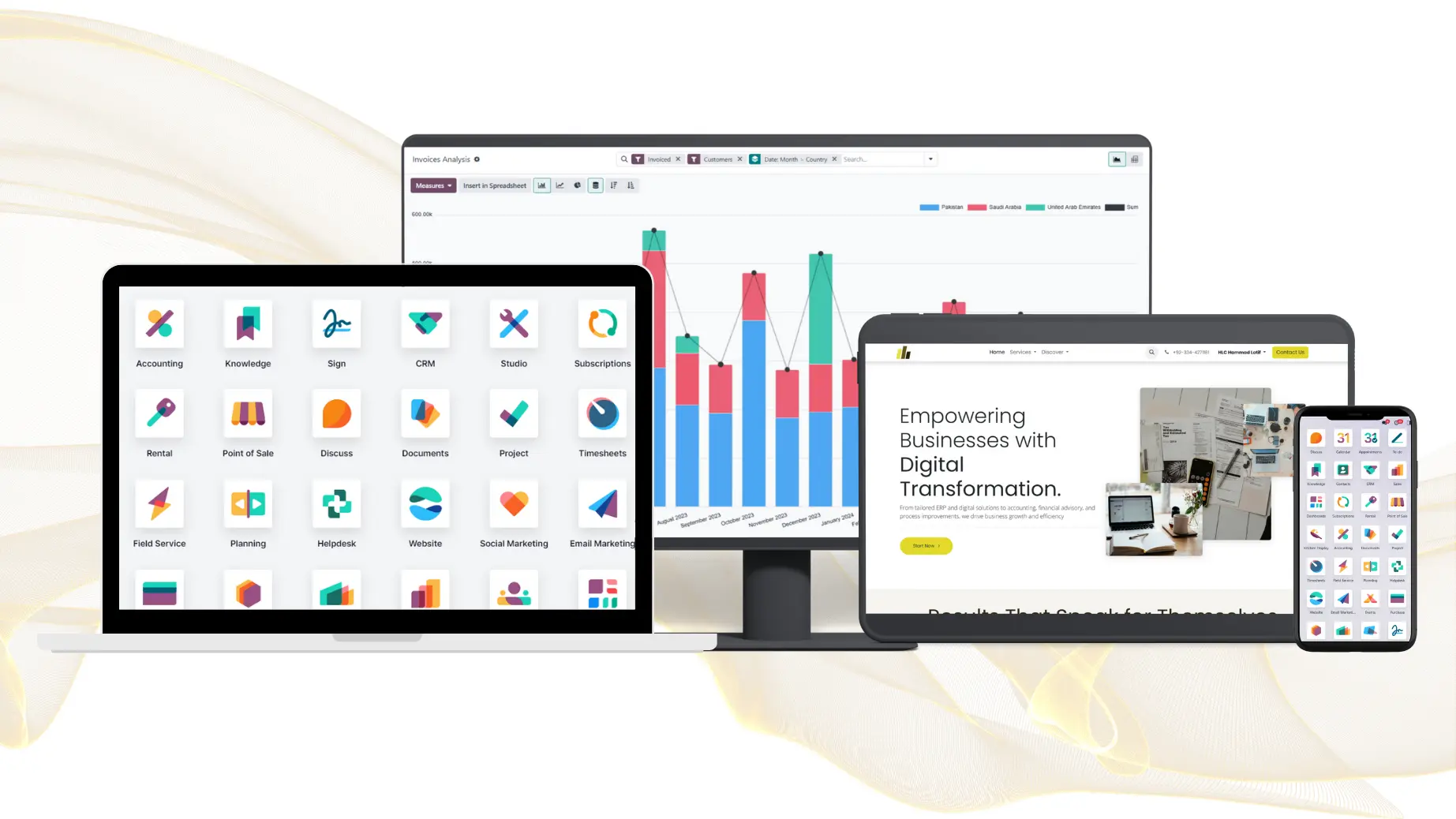 Multiple devices showing HLC Consultants' digital transformation tools: Odoo ERP modules, financial data analysis, and the company’s website.